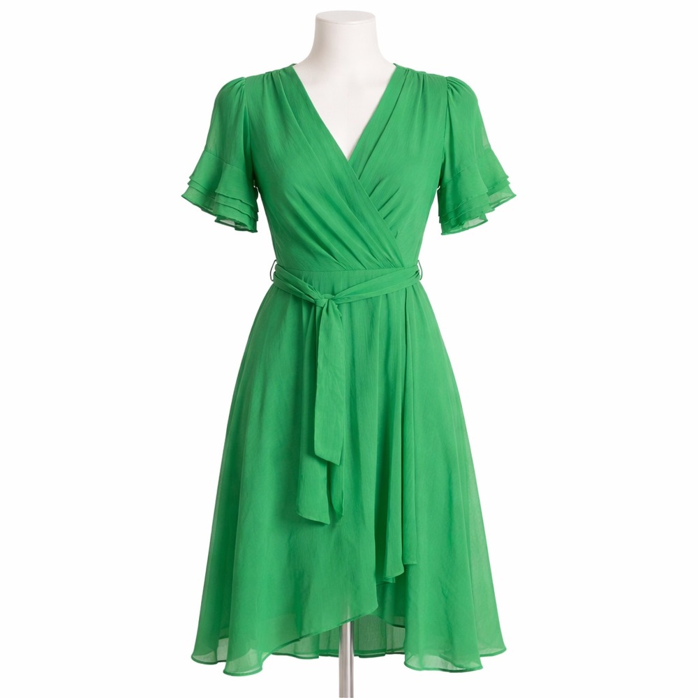 DKNY Green Wrap Midi Dress Size 2 | Ruffle Sleeve | Belted Waist